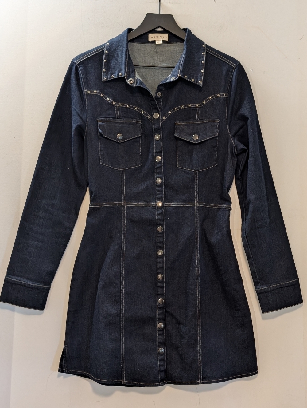 Honey Punch Denim Dress Large Studded Western Snap Front Belted Shirt Dress Jean